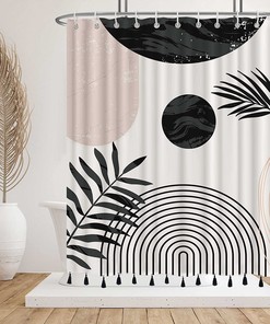 Black And White Boho Mid Century Shower Curtain With Tassel Pendants And Minimalistic Leaves Design