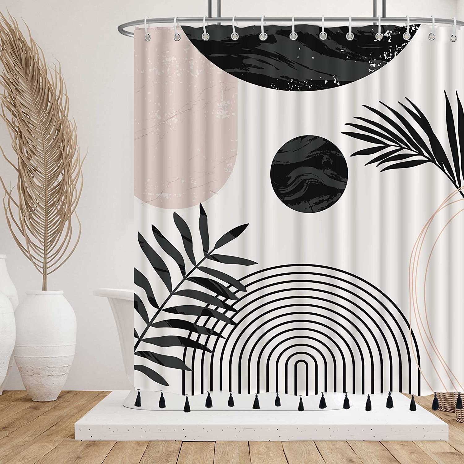 Black And White Boho Mid Century Shower Curtain With Tassel Pendants And Minimalistic Leaves Design