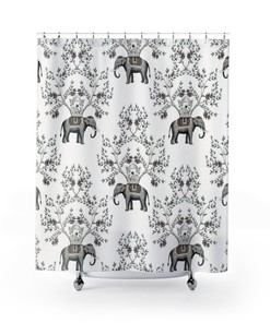 Black And White Boho Pattern Chinoiserie Monkey & Elephant Shower Curtain