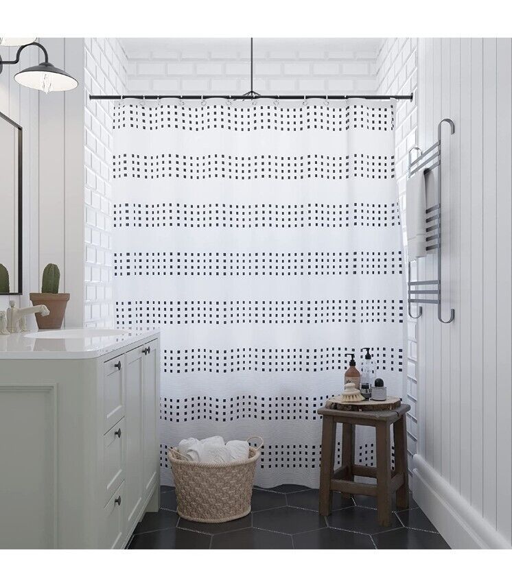 Black And White Boho Shower Curtain With Farmhouse Style Weighted Hem - Image 2
