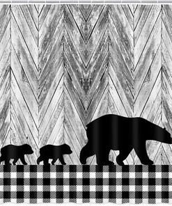 Black And White Buffalo Check Plaid Animal Black Bear Rustic Shower Curtain For Cabin Wildlife Bath Curtain Set