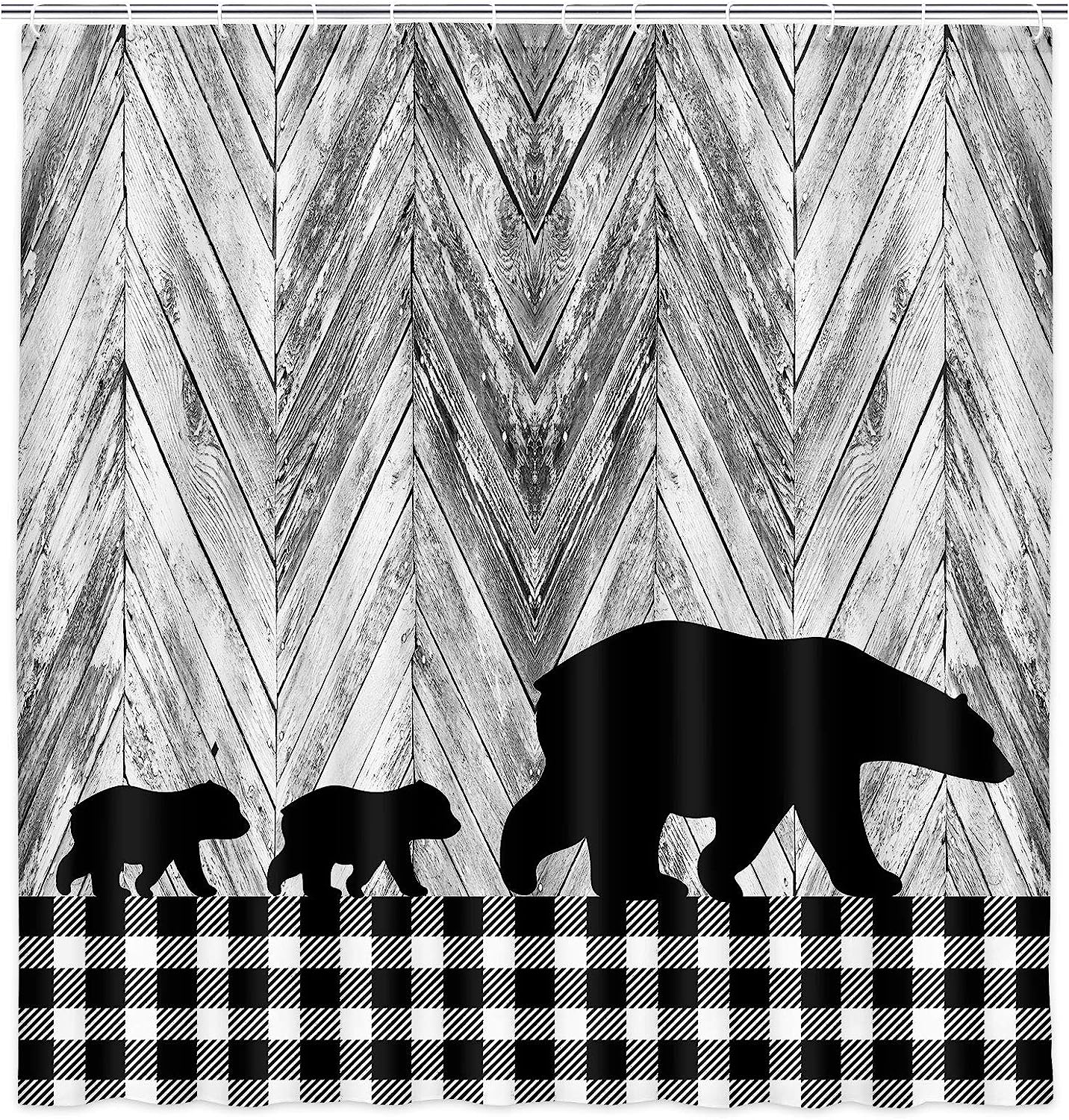 Black And White Buffalo Check Plaid Animal Black Bear Rustic Shower Curtain For Cabin Wildlife Bath Curtain Set