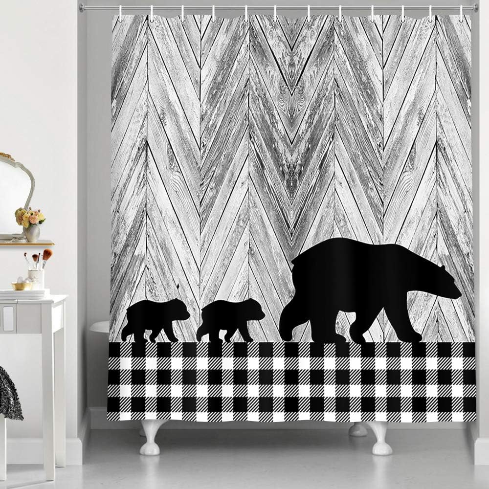 Black And White Buffalo Check Plaid Animal Black Bear Rustic Shower Curtain For Cabin Wildlife Bath Curtain Set - Image 2