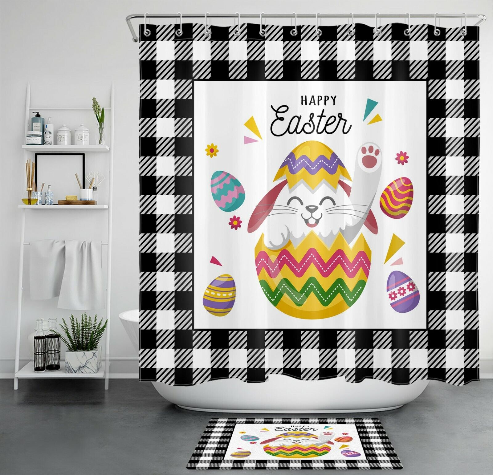 Black And White Buffalo Plaid Bunny Shower Curtain - A Whimsical And Cute Look For Your Bathroom