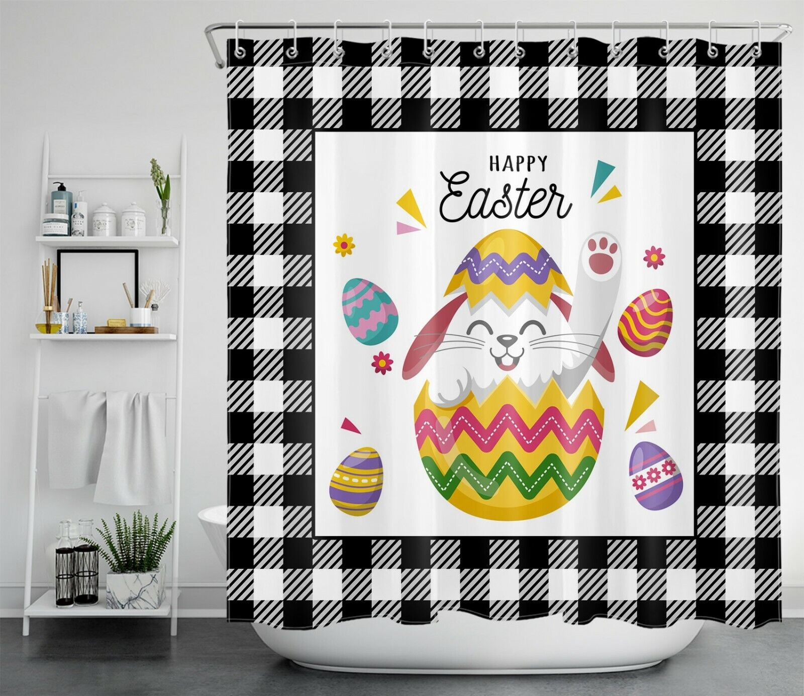 Black And White Buffalo Plaid Bunny Shower Curtain - A Whimsical And Cute Look For Your Bathroom