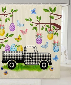 Black And White Buffalo Plaid Truck Happy Easter Shower Curtain With Rabbit And Eggs 
