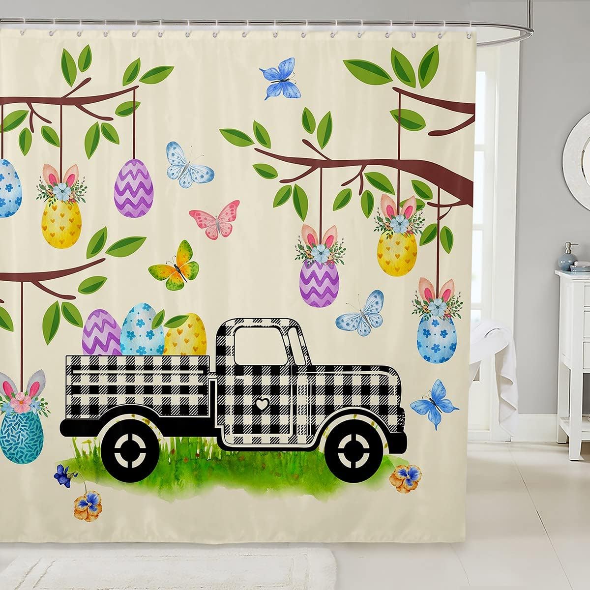 Black And White Buffalo Plaid Truck Happy Easter Shower Curtain With Rabbit And Eggs