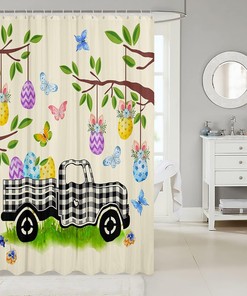 Black And White Buffalo Plaid Truck Happy Easter Shower Curtain With Rabbit And Eggs