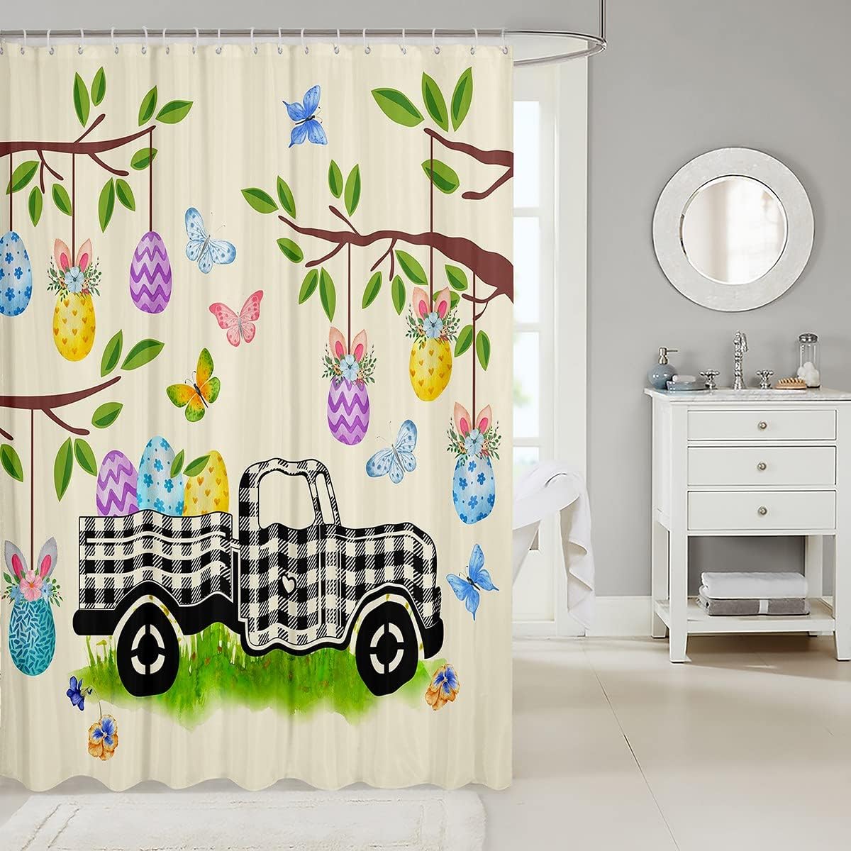 Black And White Buffalo Plaid Truck Happy Easter Shower Curtain With Rabbit And Eggs