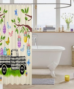 Black And White Buffalo Plaid Truck Happy Easter Shower Curtain With Rabbit And Eggs
