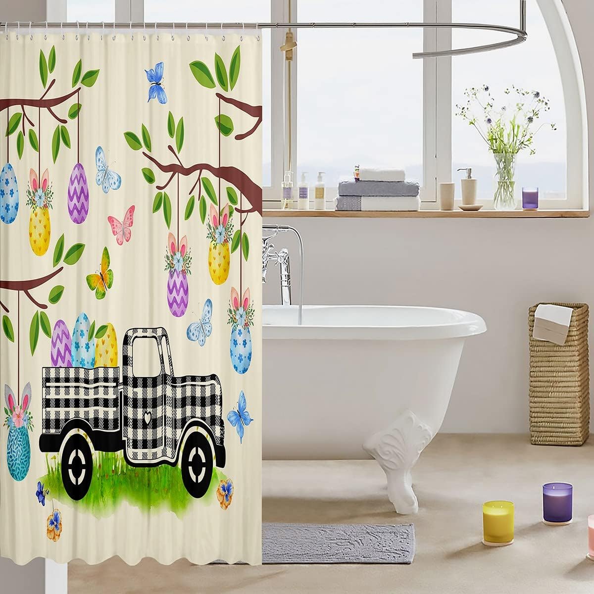 Black And White Buffalo Plaid Truck Happy Easter Shower Curtain With Rabbit And Eggs