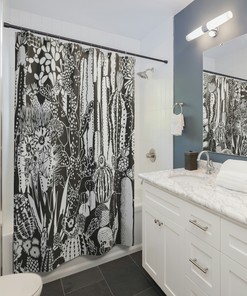 Black And White Cactus Shower Curtain For Desert Lovers - Waterproof Fabric