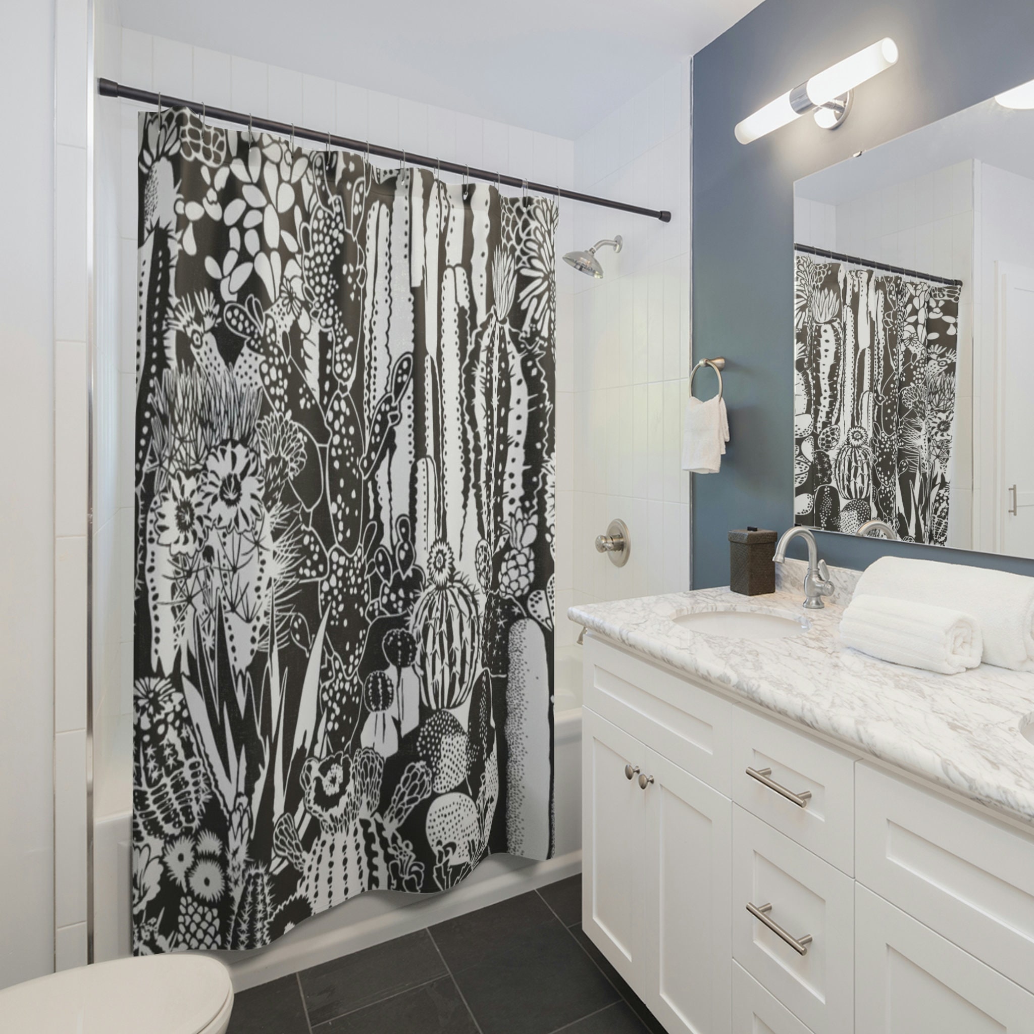Black And White Cactus Shower Curtain For Desert Lovers - Waterproof Fabric