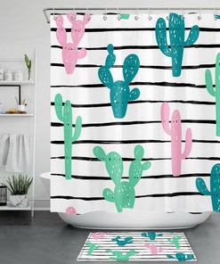 Black And White Cartoon Shower Curtain With Tropical Plant And Cactus Print