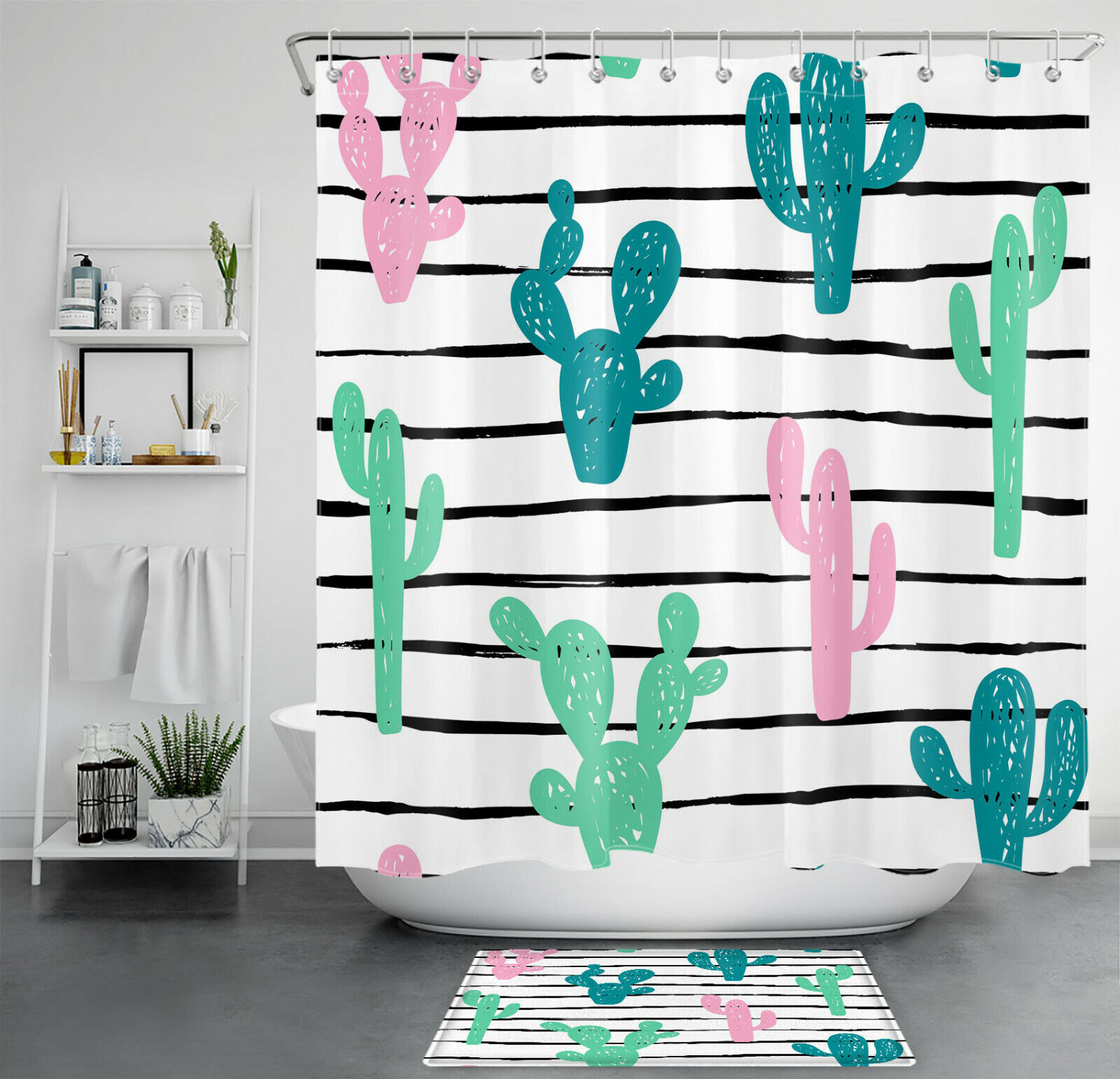 Black And White Cartoon Shower Curtain With Tropical Plant And Cactus Print