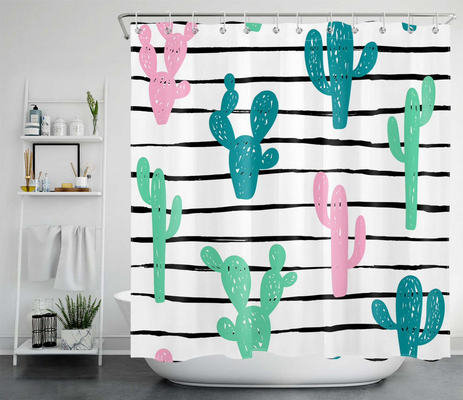 Black And White Cartoon Shower Curtain With Tropical Plant And Cactus Print - Image 2