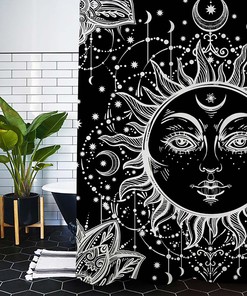 Black And White Celestial Body Mandala Shower Curtain With Burning Sun And Moon Design