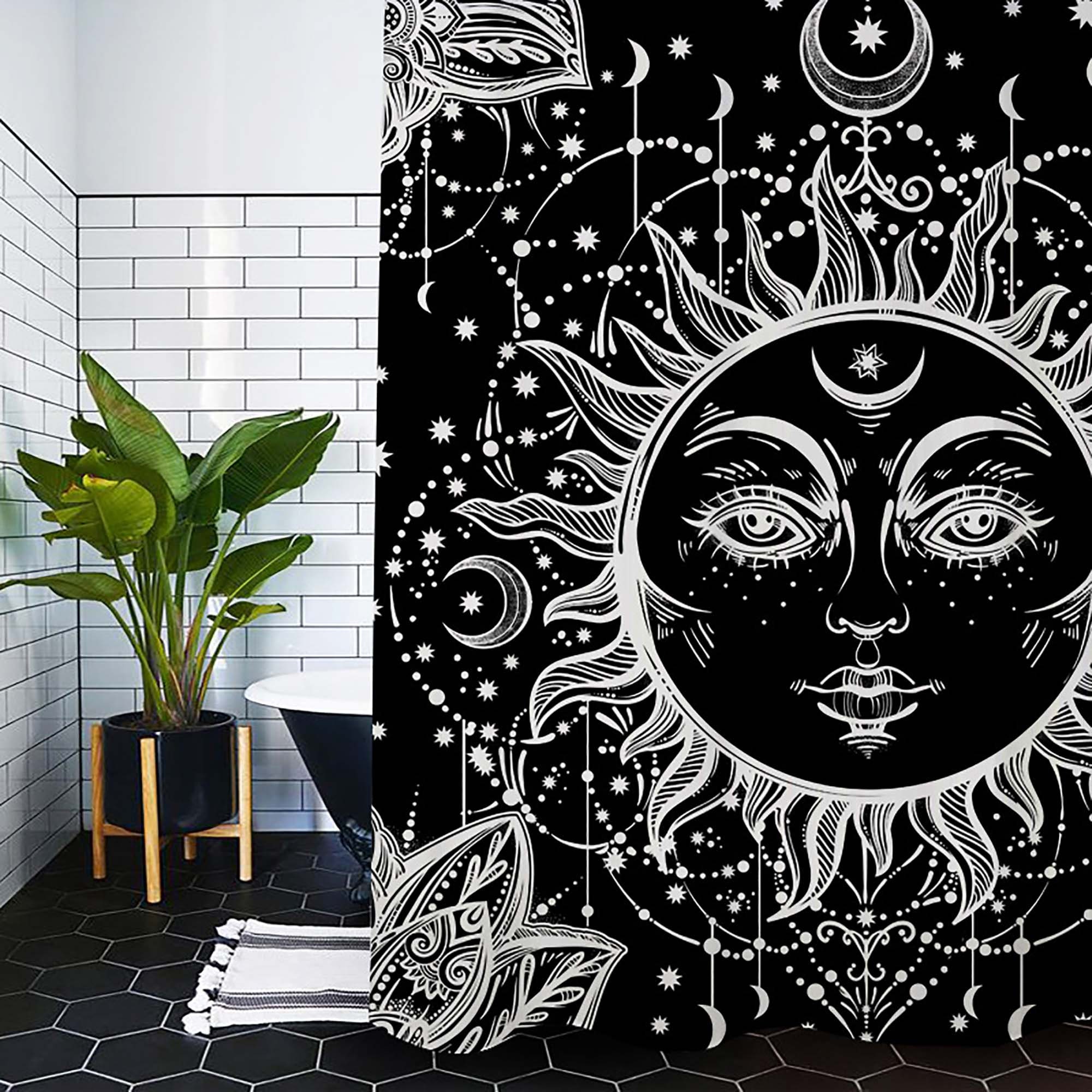 Black And White Celestial Body Mandala Shower Curtain With Burning Sun And Moon Design