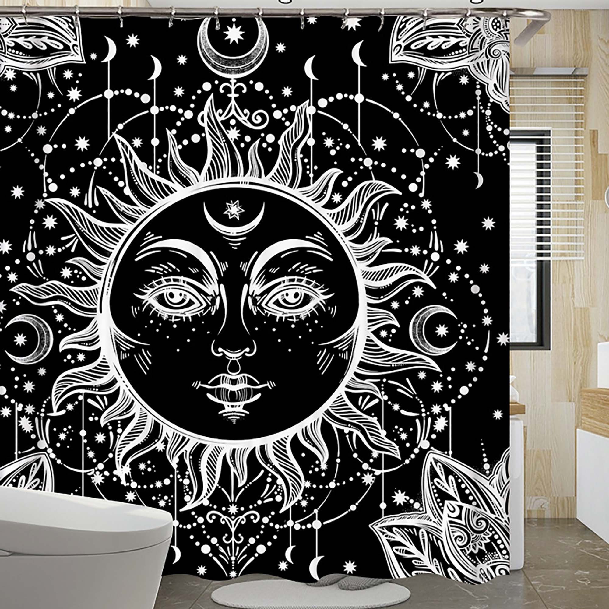 Black And White Celestial Body Mandala Shower Curtain With Burning Sun And Moon Design - Image 2