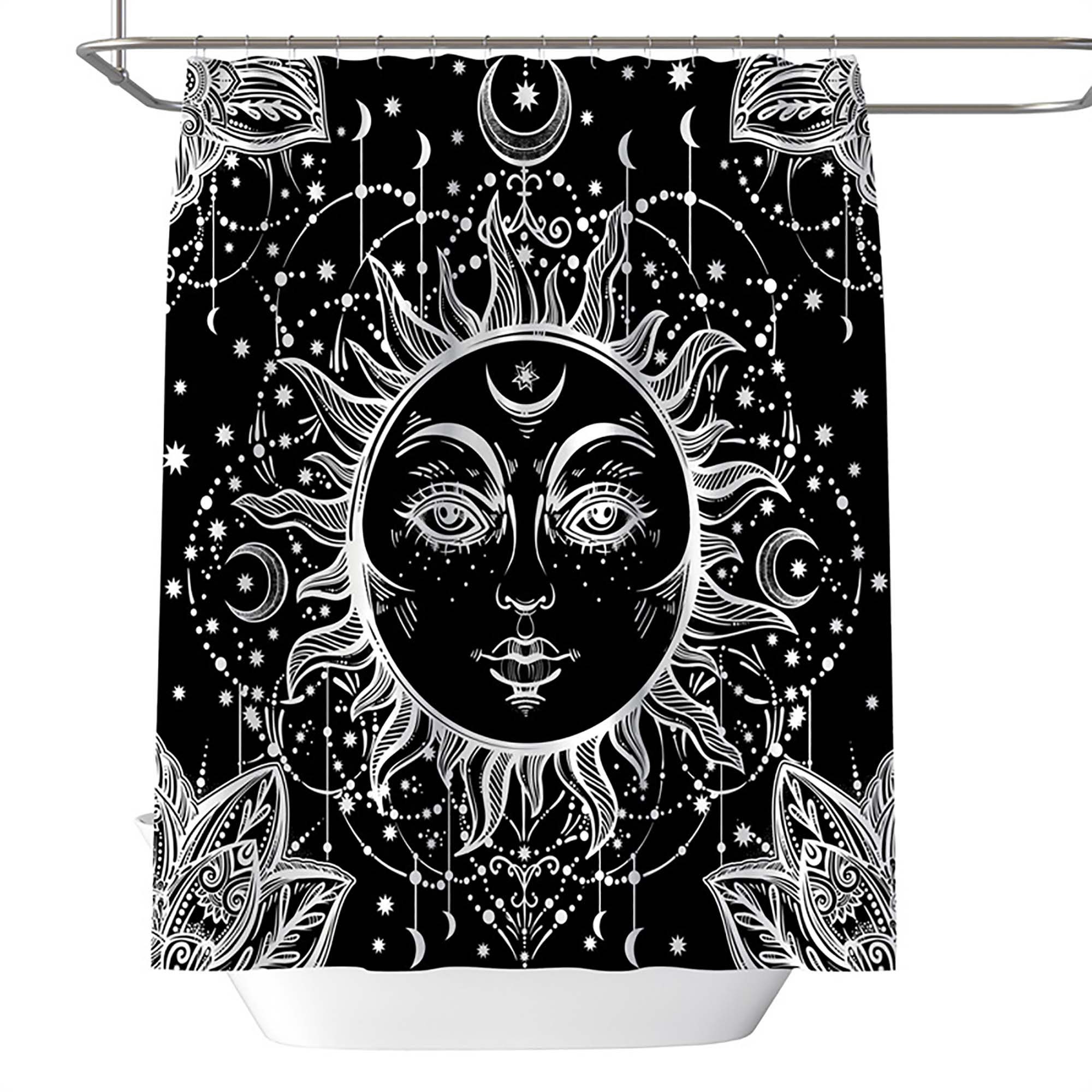 Black And White Celestial Body Mandala Shower Curtain With Burning Sun And Moon Design - Image 3