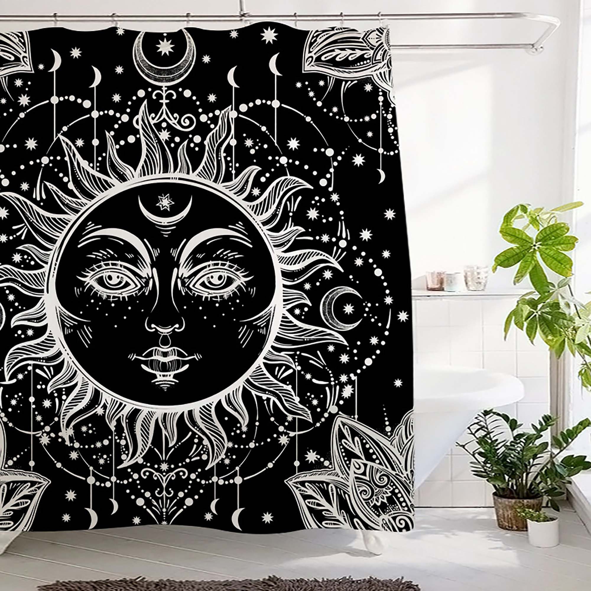 Black And White Celestial Body Mandala Shower Curtain With Burning Sun And Moon Design - Image 4