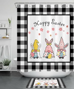 Black And White Check Plaid Easter Bunny Gnome Shower Curtain For Bathroom Decor