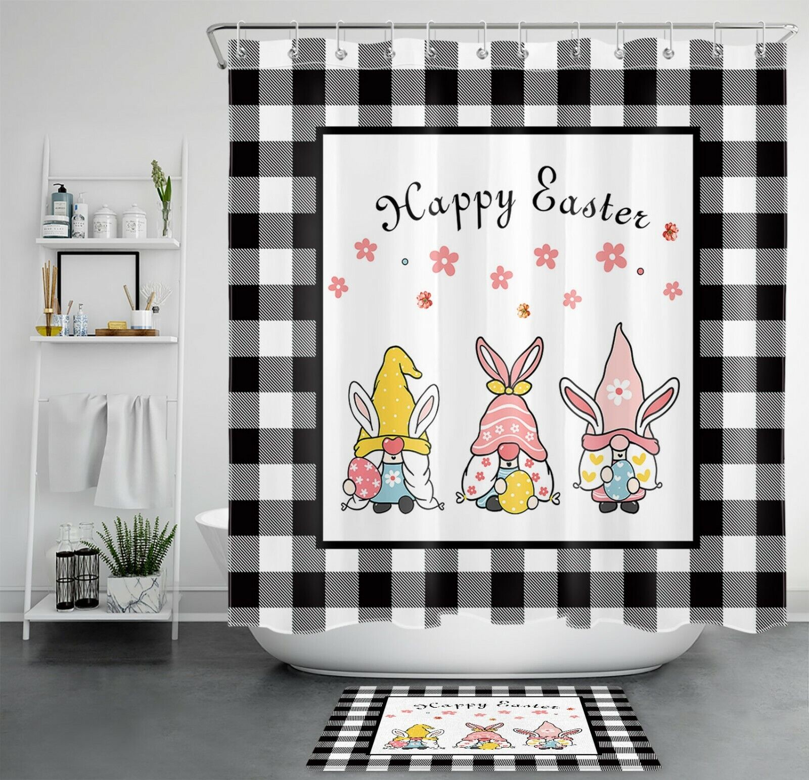 Black And White Check Plaid Easter Bunny Gnome Shower Curtain For Bathroom Decor