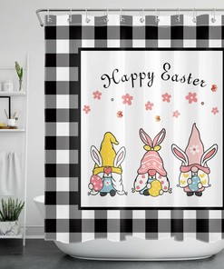 Black And White Check Plaid Easter Bunny Gnome Shower Curtain For Bathroom Decor
