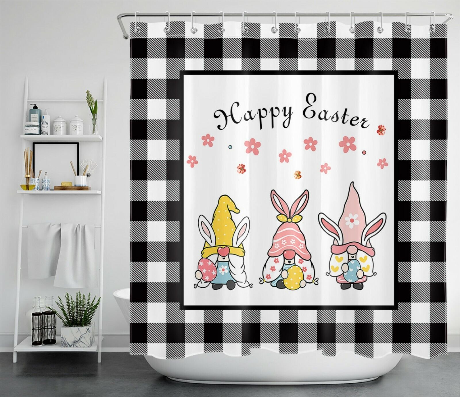 Black And White Check Plaid Easter Bunny Gnome Shower Curtain For Bathroom Decor