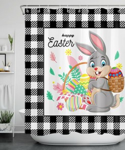 Black And White Check Plaid Easter Rabbit Shower Curtain For Bathroom Decor