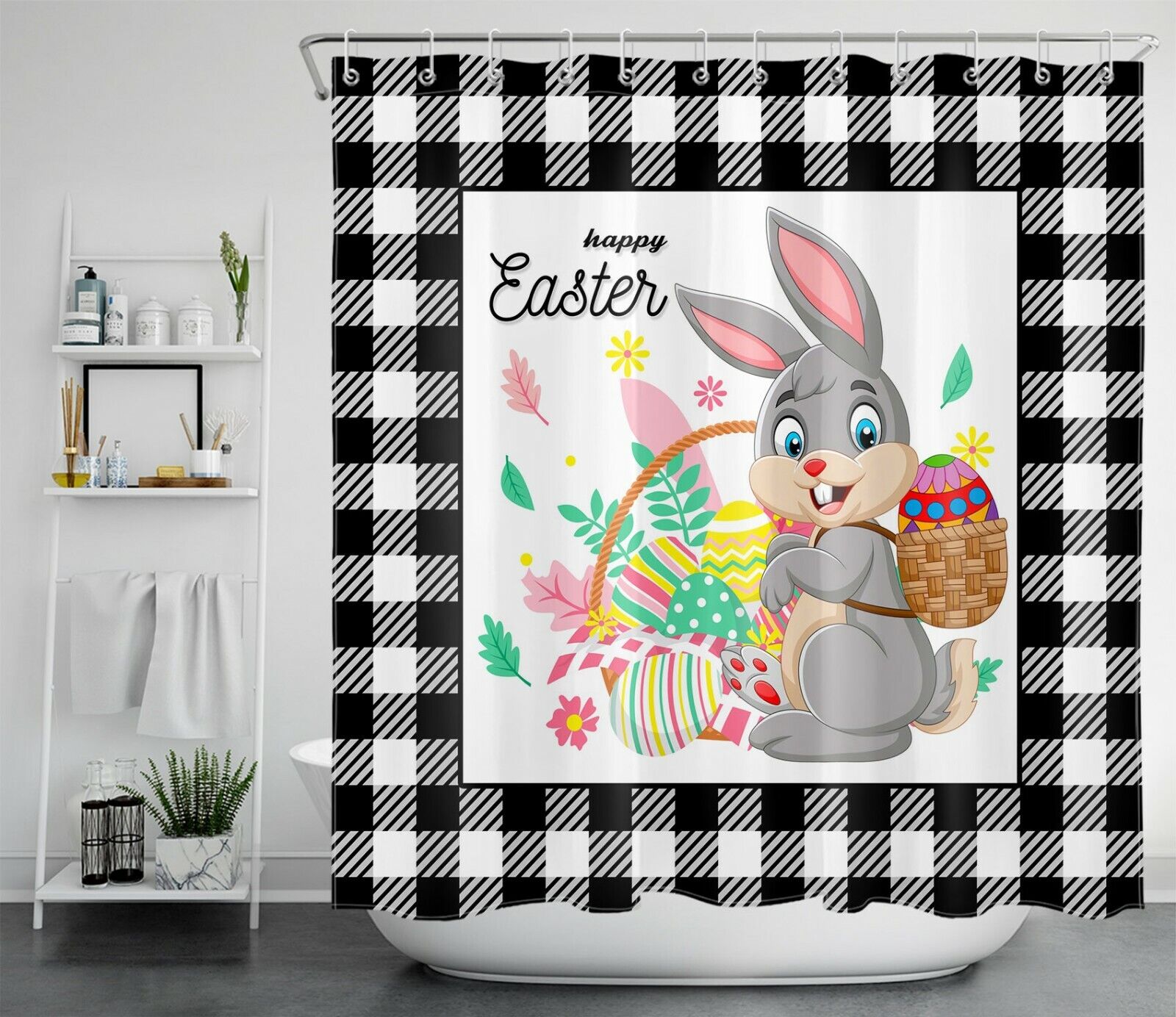 Black And White Check Plaid Easter Rabbit Shower Curtain For Bathroom Decor