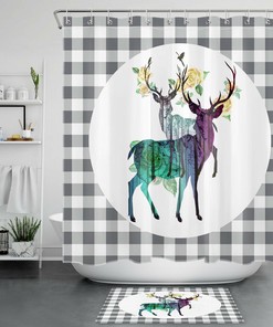Black And White Elk And Flower Buffalo Plaid Shower Curtain