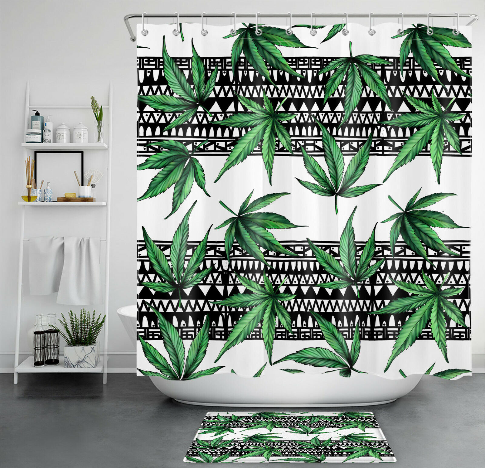 Black And White Geometric Marijuana Leaf Shower Curtain For Your Bathroom