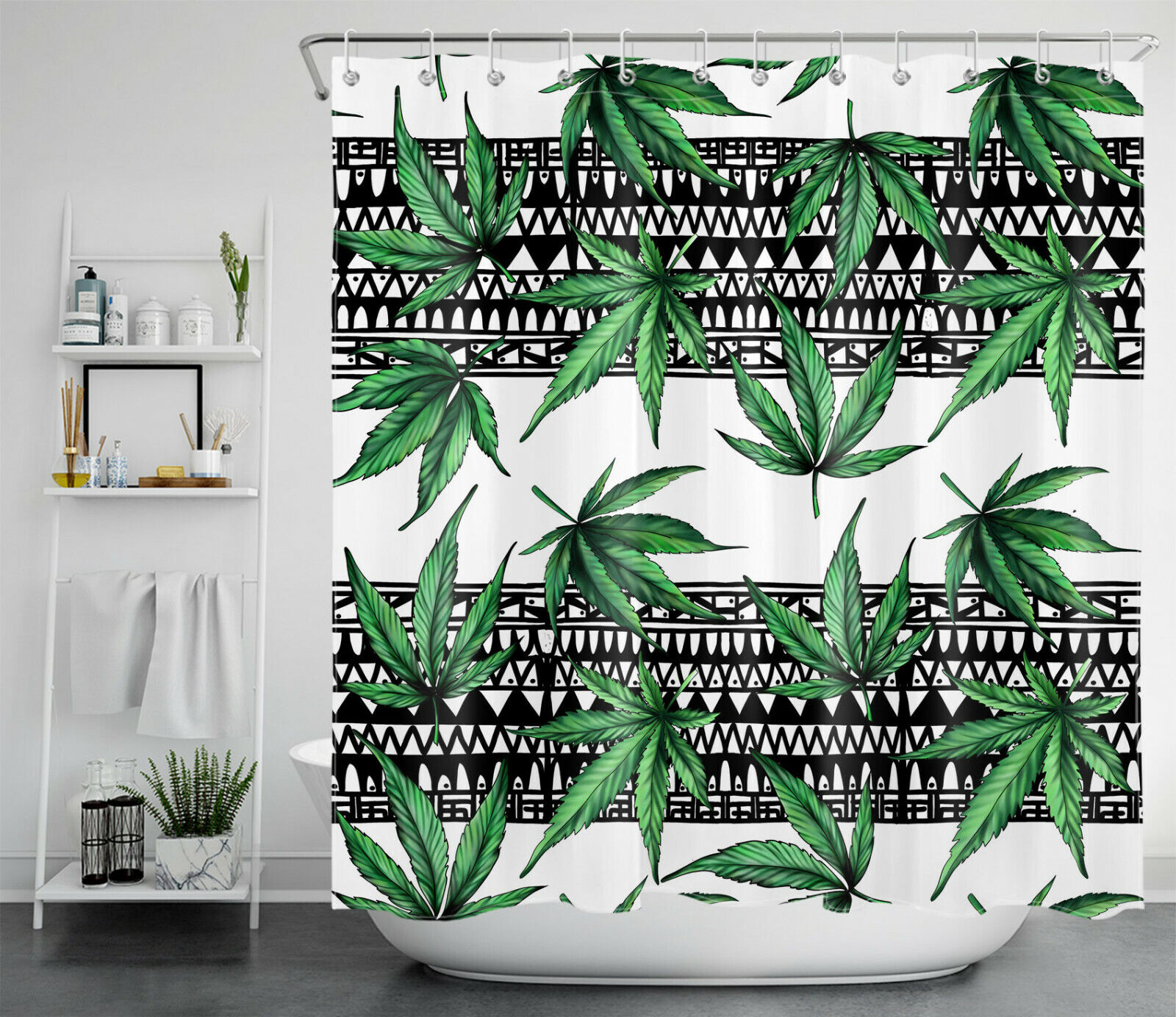Black And White Geometric Marijuana Leaf Shower Curtain For Your Bathroom