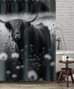 Black And White Highland Cow Printed Shower Curtain For Farmhouse Bathroom Decor