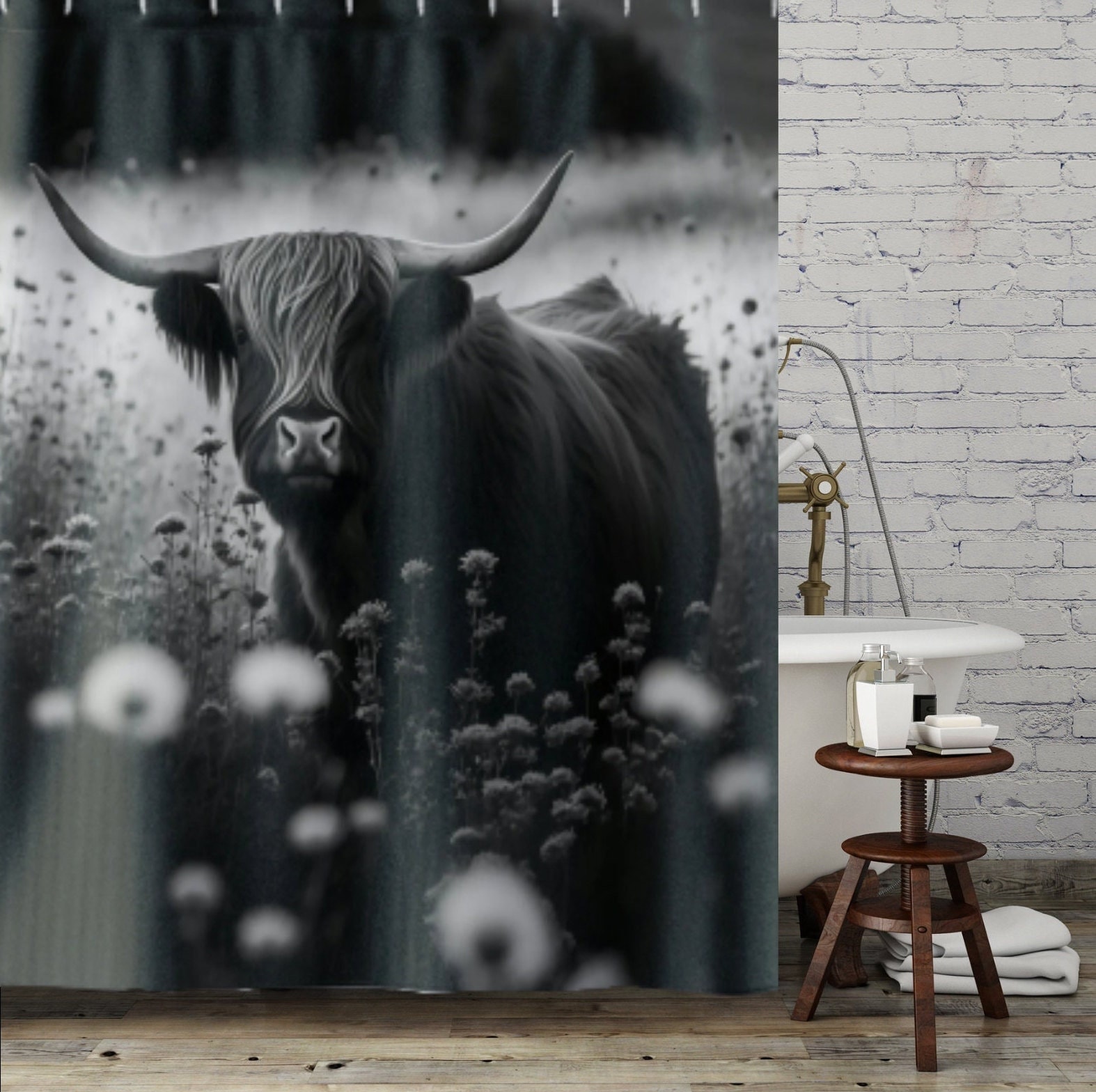 Black And White Highland Cow Printed Shower Curtain For Farmhouse Bathroom Decor