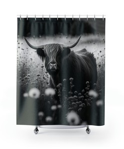 Black And White Highland Cow Printed Shower Curtain For Farmhouse Bathroom Decor