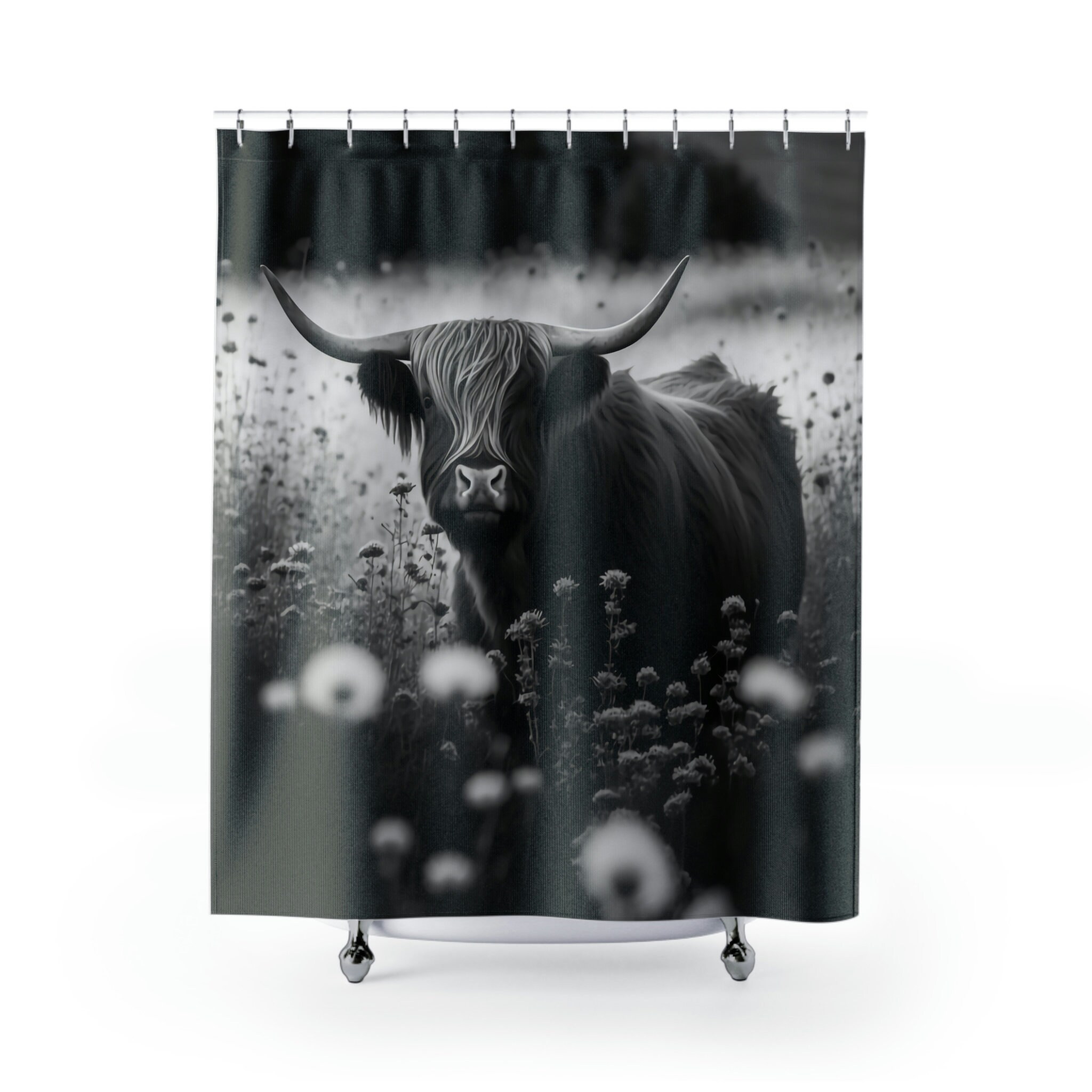 Black And White Highland Cow Printed Shower Curtain For Farmhouse Bathroom Decor