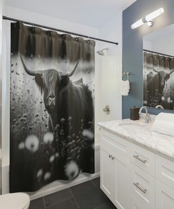 Black And White Highland Cow Printed Shower Curtain For Farmhouse Bathroom Decor