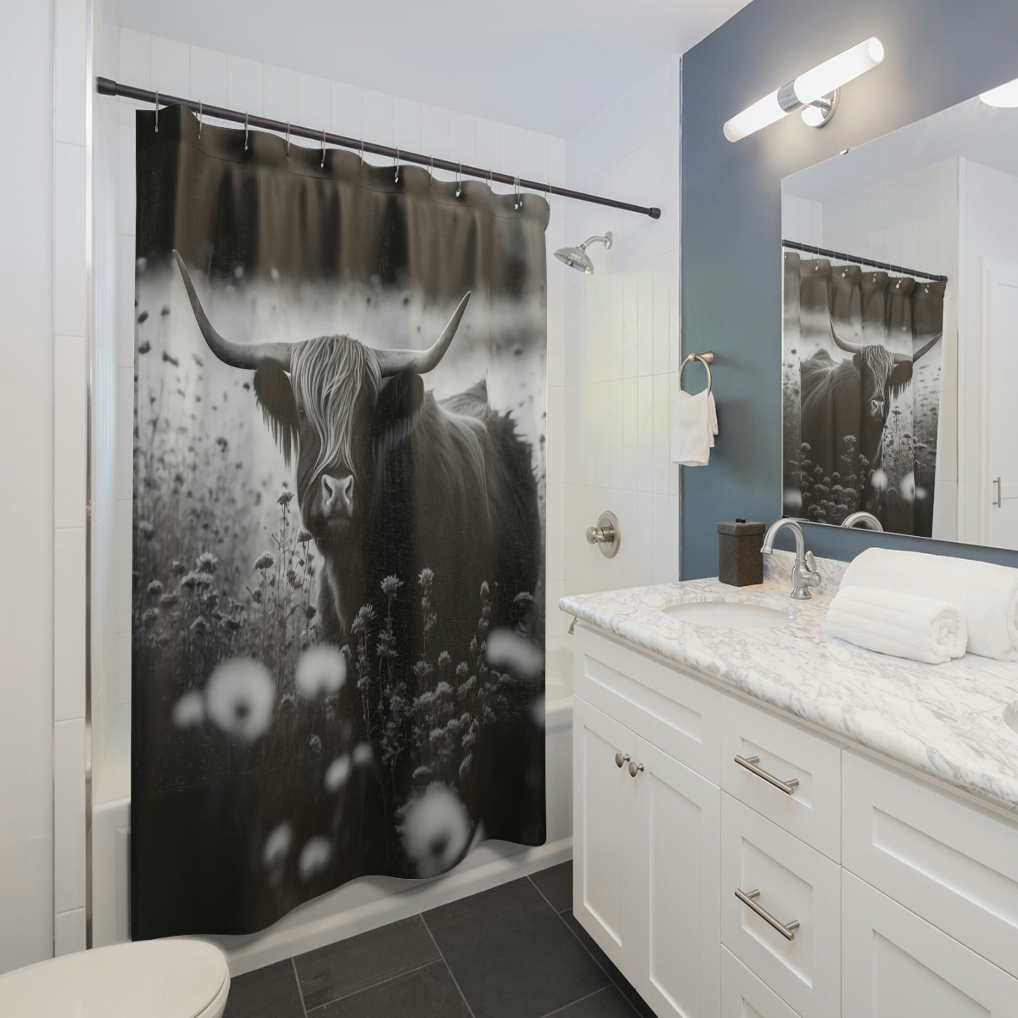Black And White Highland Cow Printed Shower Curtain For Farmhouse Bathroom Decor