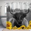 Black And White Highland Cow Shower Curtain With Sunflower - Modern Farmhouse Bathroom Decor - Unique Shower Curtains