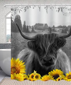 Black And White Highland Cow Shower Curtain With Sunflower - Modern Farmhouse Bathroom Decor - Unique Shower Curtains