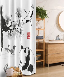 Black And White Japanese Style Stall Shower Curtain With Birds And Panda Bear