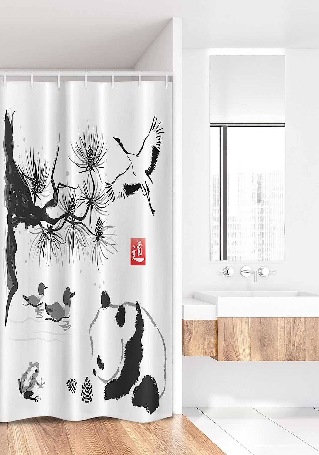 Black And White Japanese Style Stall Shower Curtain With Birds And Panda Bear - Image 2