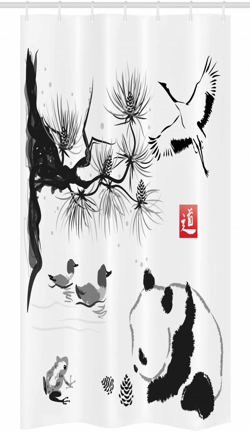 Black And White Japanese Style Stall Shower Curtain With Birds And Panda Bear - Image 3