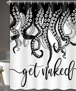 Black And White Lettered Octopus Waterproof Shower Curtain For Your Bathroom Decor