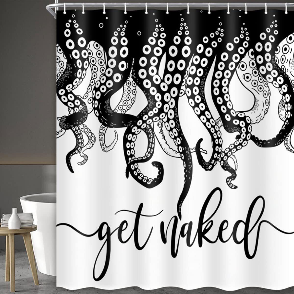 Black And White Lettered Octopus Waterproof Shower Curtain For Your Bathroom Decor