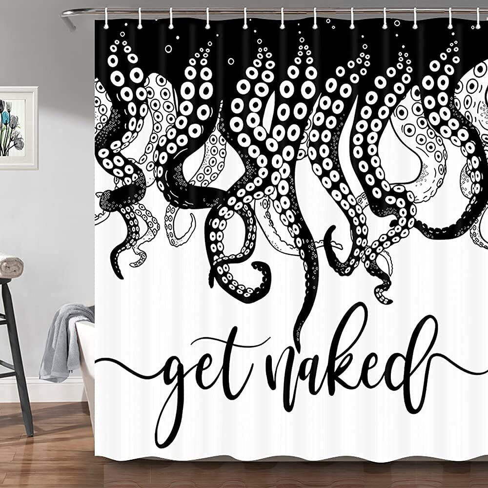 Black And White Lettered Octopus Waterproof Shower Curtain For Your Bathroom Decor - Image 2