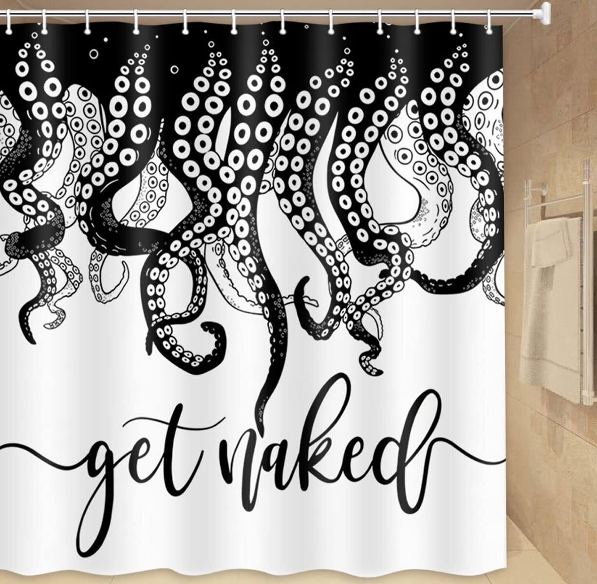 Black And White Lettered Octopus Waterproof Shower Curtain For Your Bathroom Decor - Image 3
