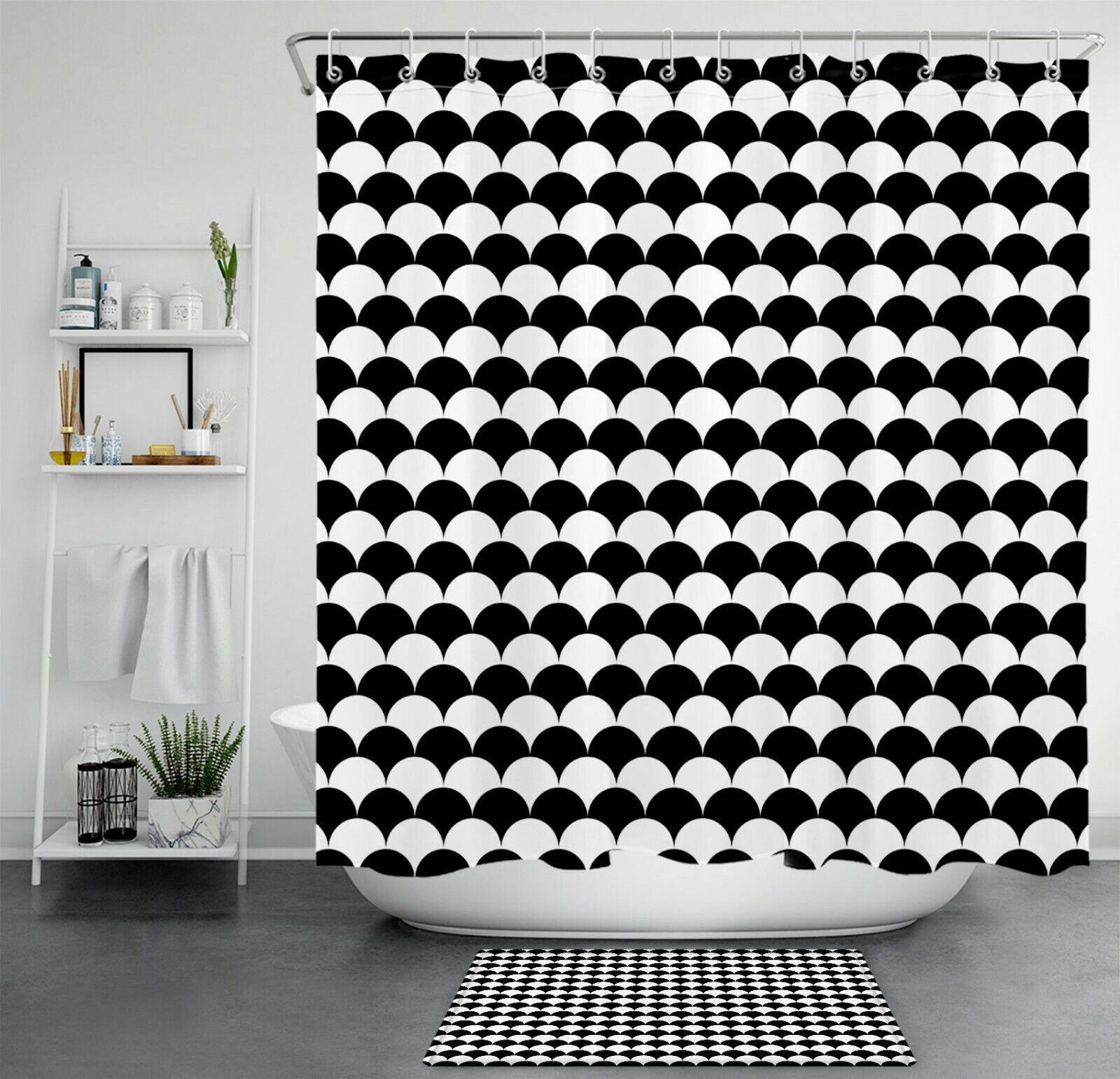 Black And White Mermaid Scales Shower Curtain Bathroom Accessory With An Abstract Ocean Design